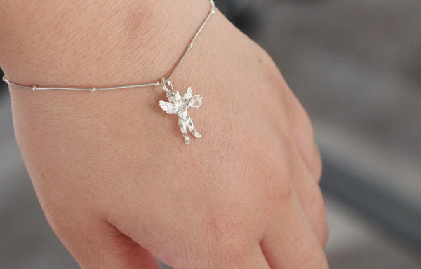 990 Pure Silver Sterling Silver Bracelet W/Cupid Angel Pendant, 6.7" Bracelet W/0.6" pendant, Gift For Her.