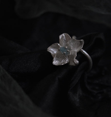 990 Sterling Silver Flower Hibiscus Shape Adjustable Finger Ring W/an Aquamarine Stone(One Of Plant Series), Gift For Her.